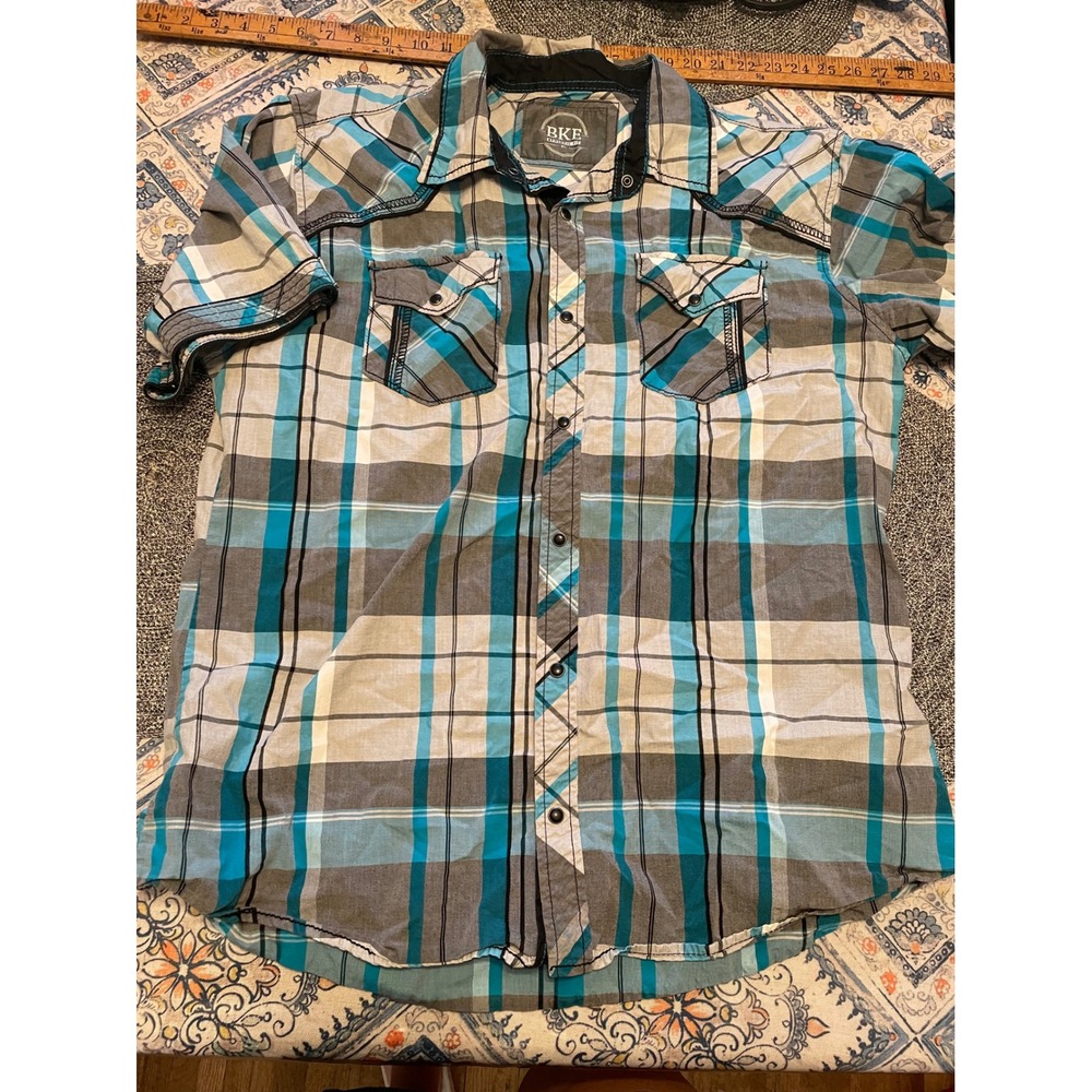 BKE Athletic Fit Mens XL Plaid Short Sleeve Western Snap Button Shirt Turquoise